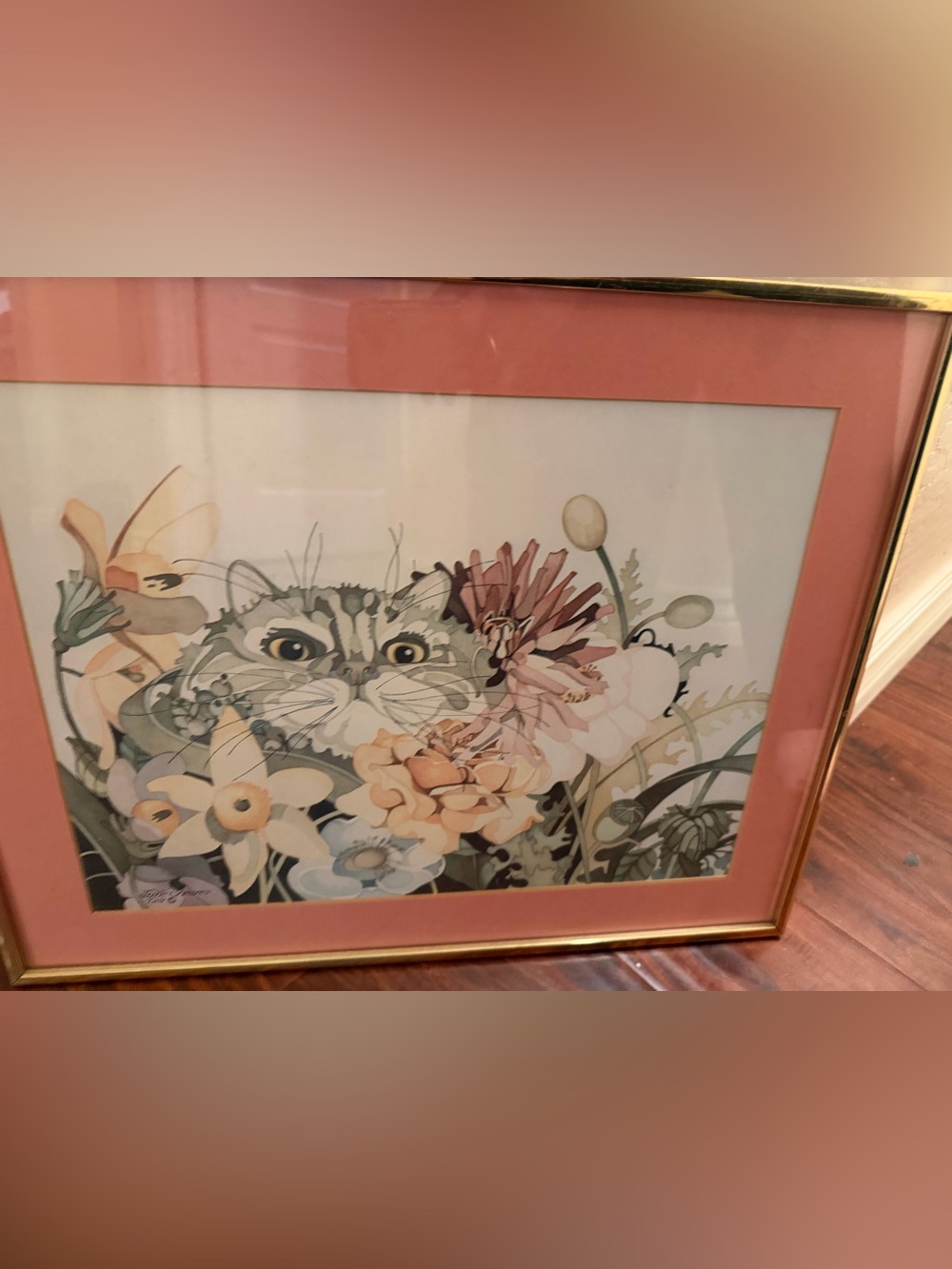 80’s Framed cat art in flowers Julie Shearer